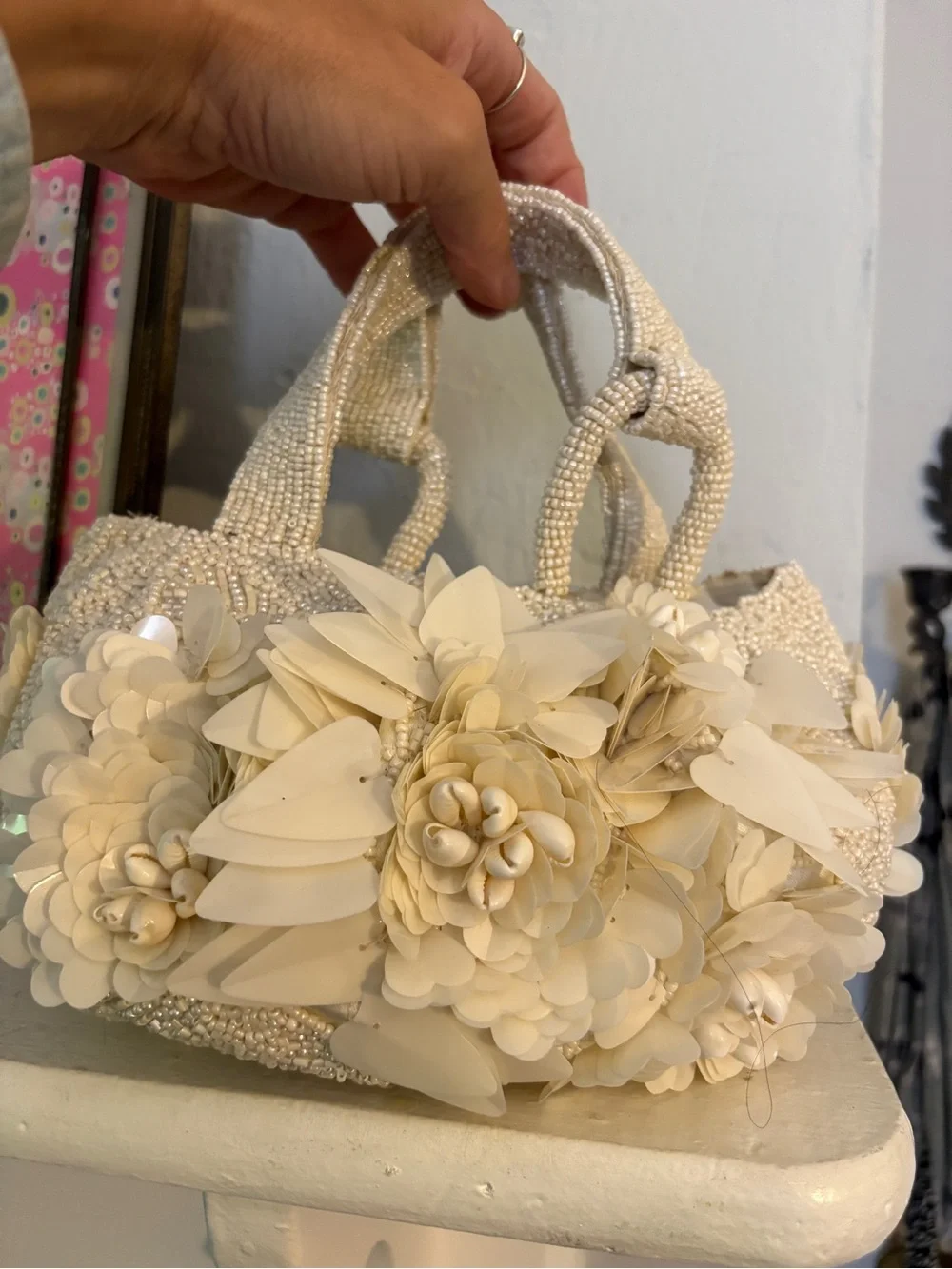SMALL IVORY BEADED FLORAL BAG